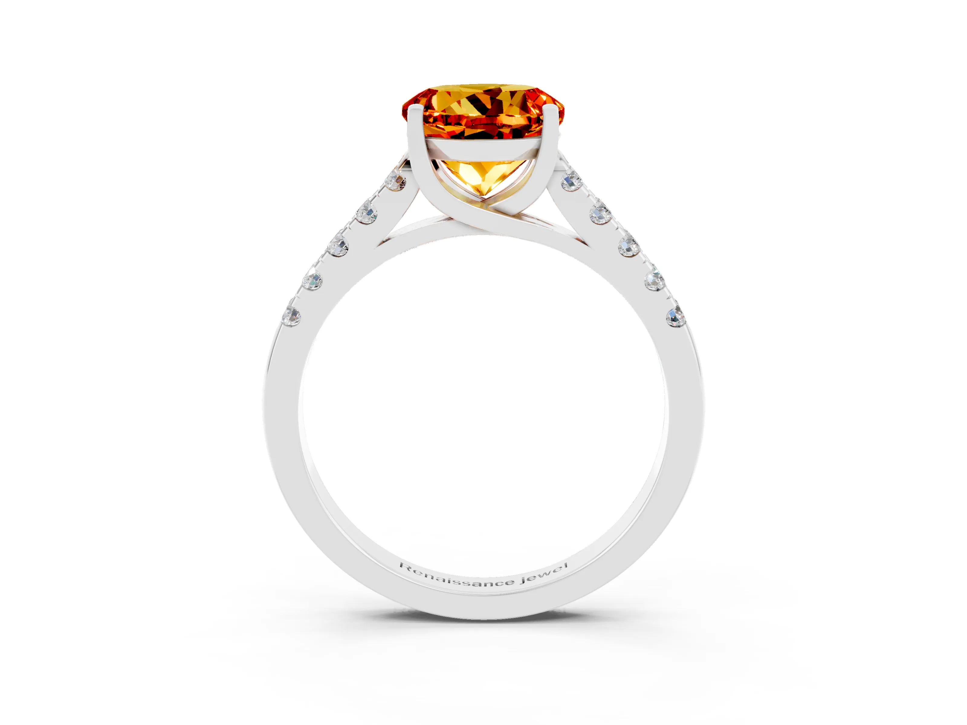 White gold {shape_name} Citrine Solitaire Ring with Pavé Band and Four-Prong Setting_3