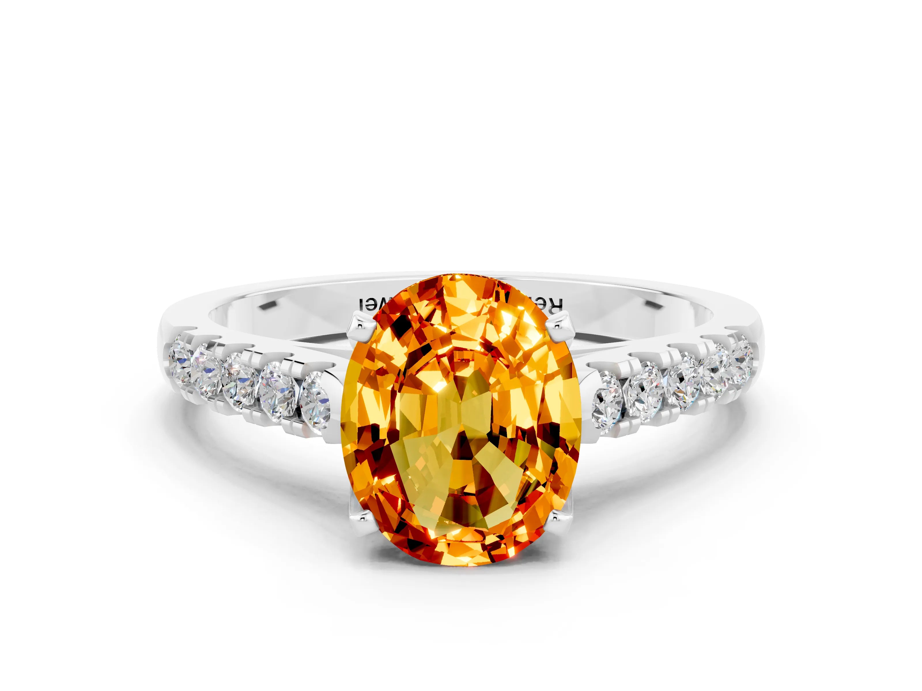 White gold {shape_name} Citrine Solitaire Ring with Pavé Band and Four-Prong Setting