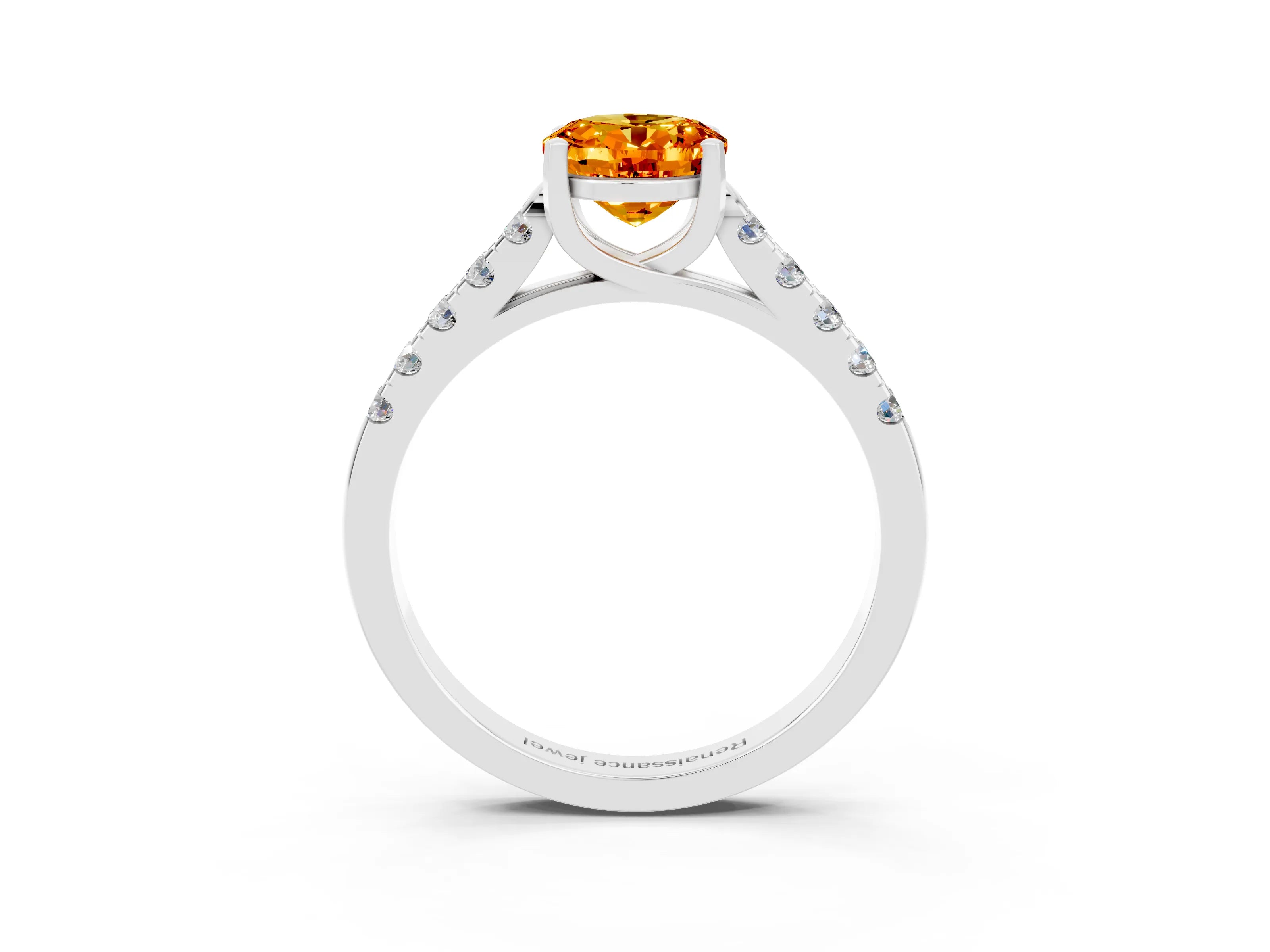 White gold {shape_name} Citrine Solitaire Ring with Pavé Band and Four-Prong Setting_3