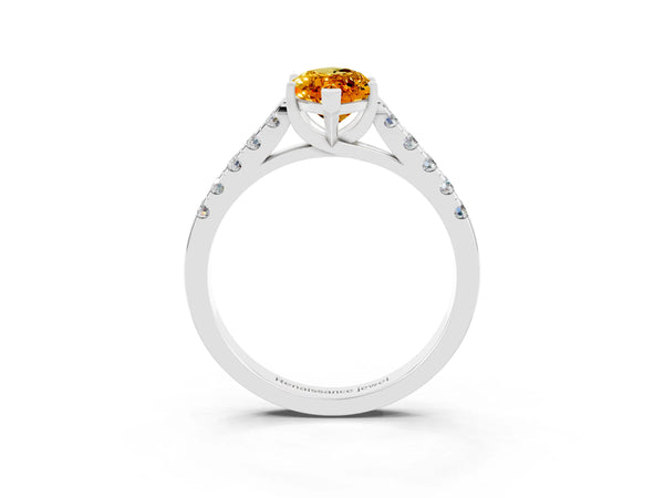 Silver Marquise Cut Citrine Pavé Band Solitaire Ring with Prong Setting