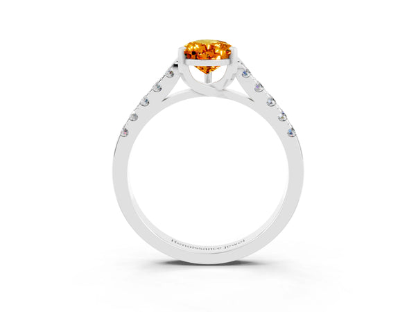 Silver Pear Cut Citrine Pavé Band Solitaire Ring with Prong Setting