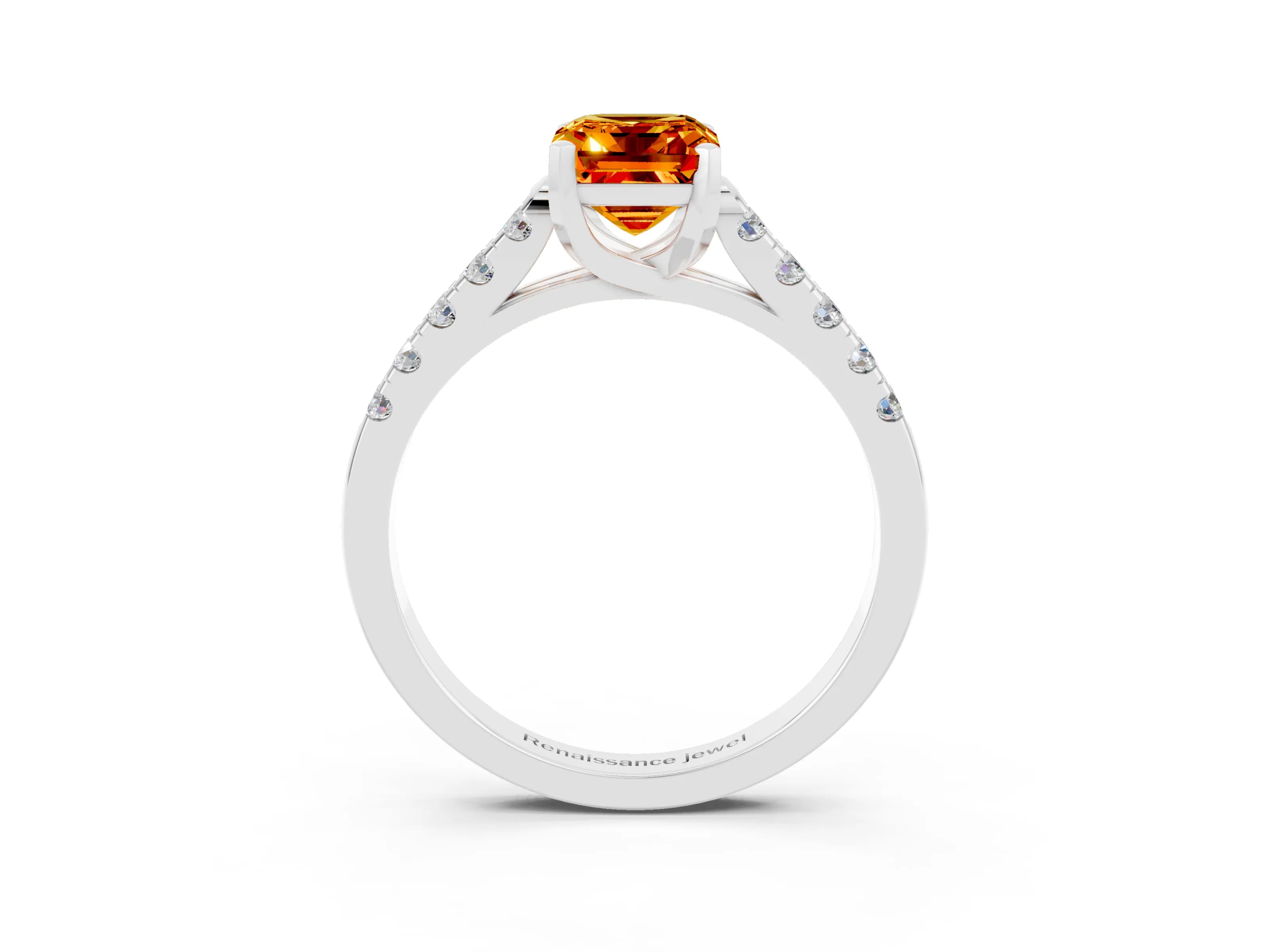 White gold {shape_name} Citrine Solitaire Ring with Pavé Band and Four-Prong Setting_3