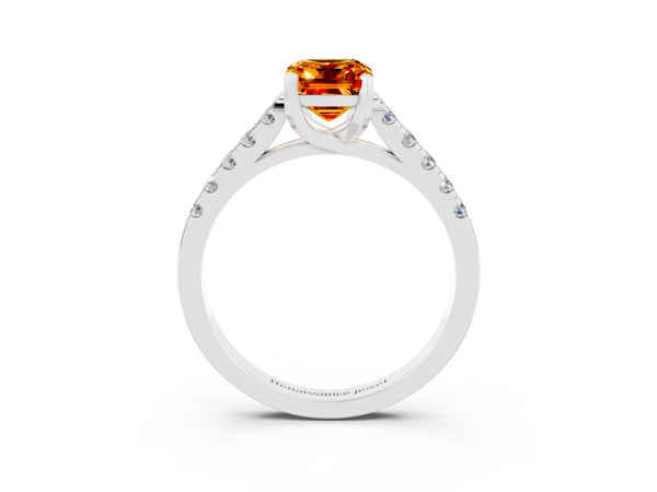 Silver Emerald Cut Citrine Pavé Band Solitaire Ring with Prong Setting
