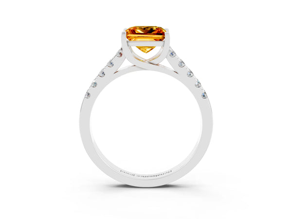 Platinum Princess Cut Citrine Pavé Band Solitaire Ring with Prong Setting