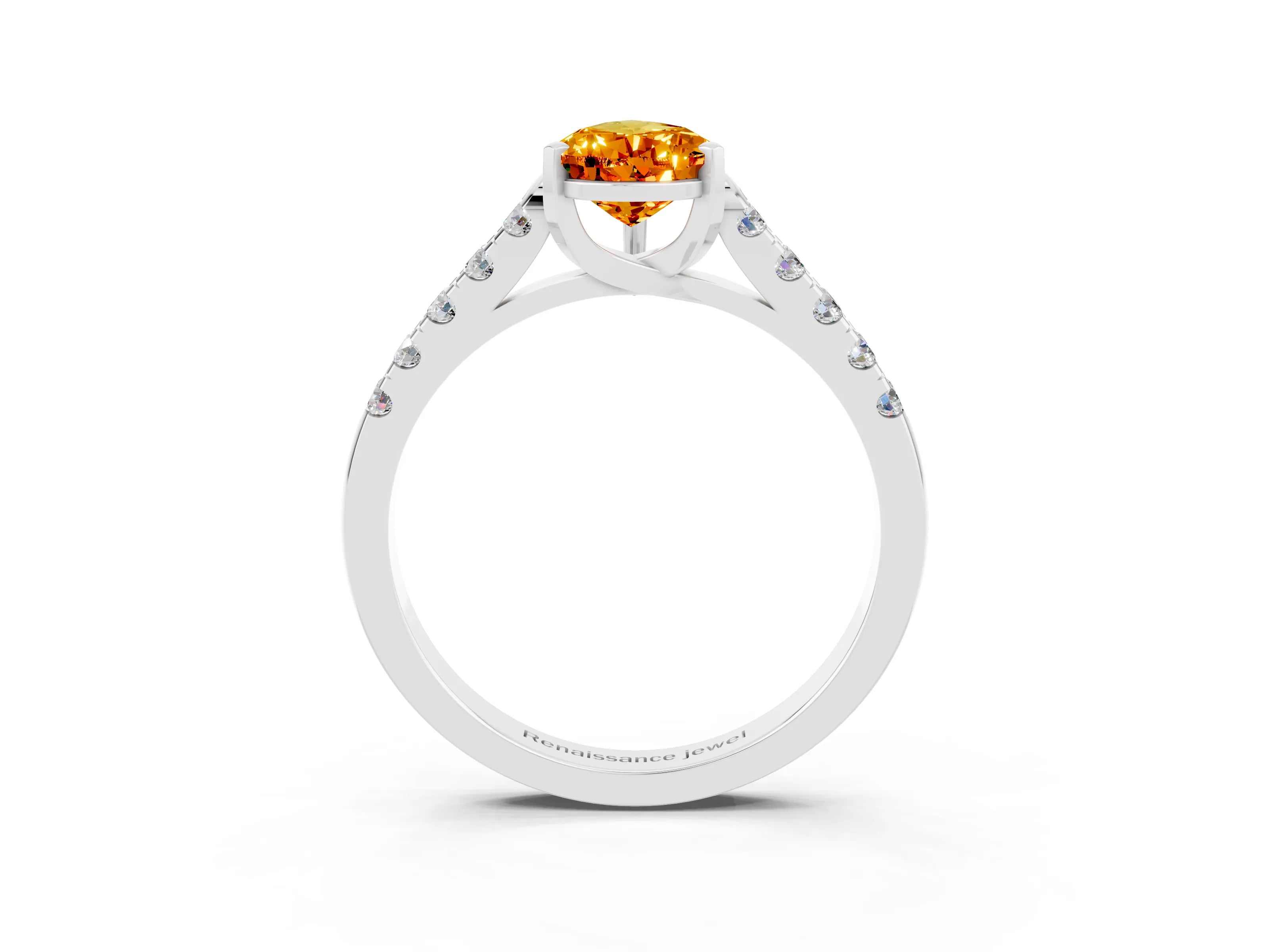 White gold {shape_name} Citrine Solitaire Ring with Pavé Band and Four-Prong Setting_3