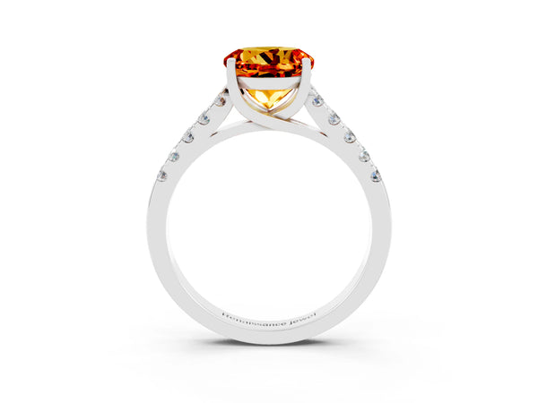 Silver Round Cut Citrine Pavé Band Solitaire Ring with Prong Setting