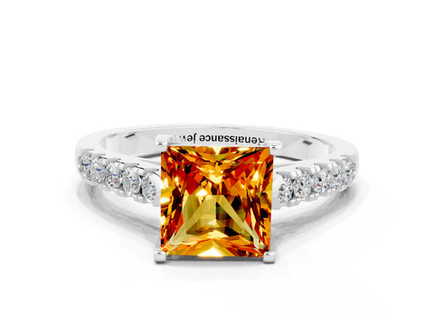 White gold {shape_name} Citrine Solitaire Ring with Pavé Band and Four-Prong Setting