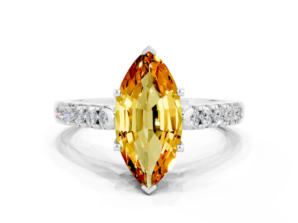 Silver Marquise Cut Citrine Pavé Band Solitaire Ring with Prong Setting