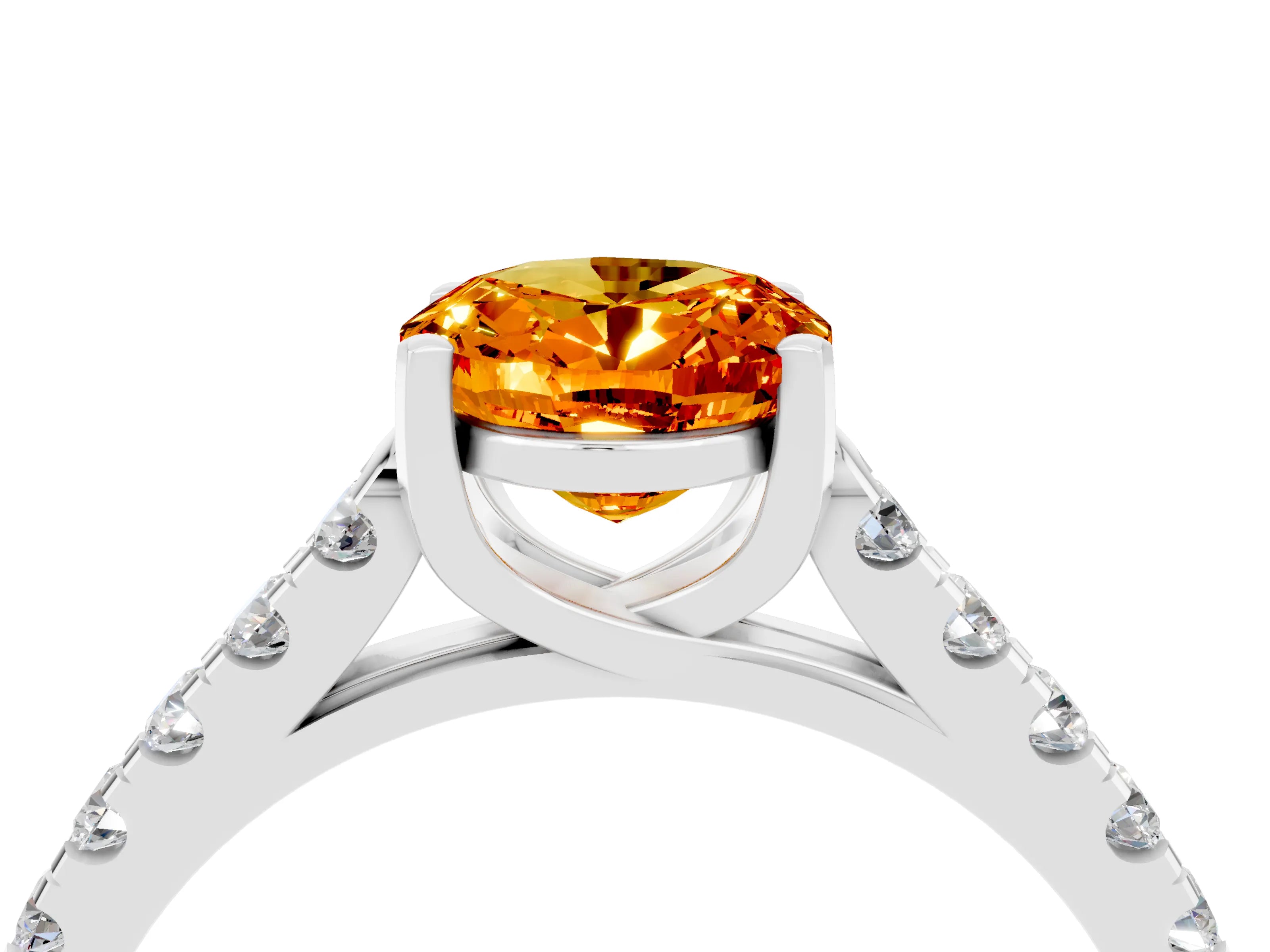 White gold {shape_name} Citrine Solitaire Ring with Pavé Band and Four-Prong Setting_4