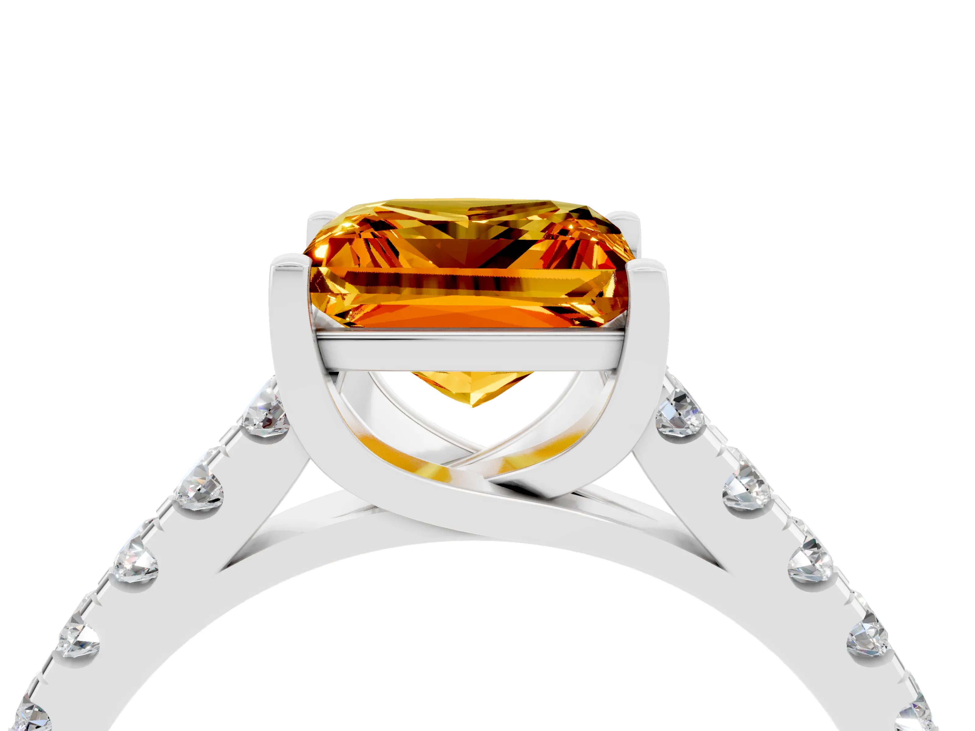 White gold {shape_name} Citrine Solitaire Ring with Pavé Band and Four-Prong Setting_4