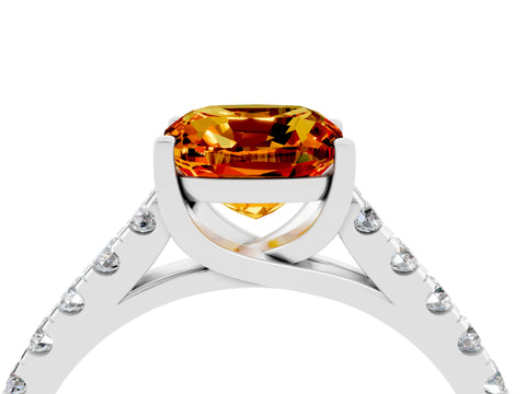 White gold {shape_name} Citrine Solitaire Ring with Pavé Band and Four-Prong Setting_4