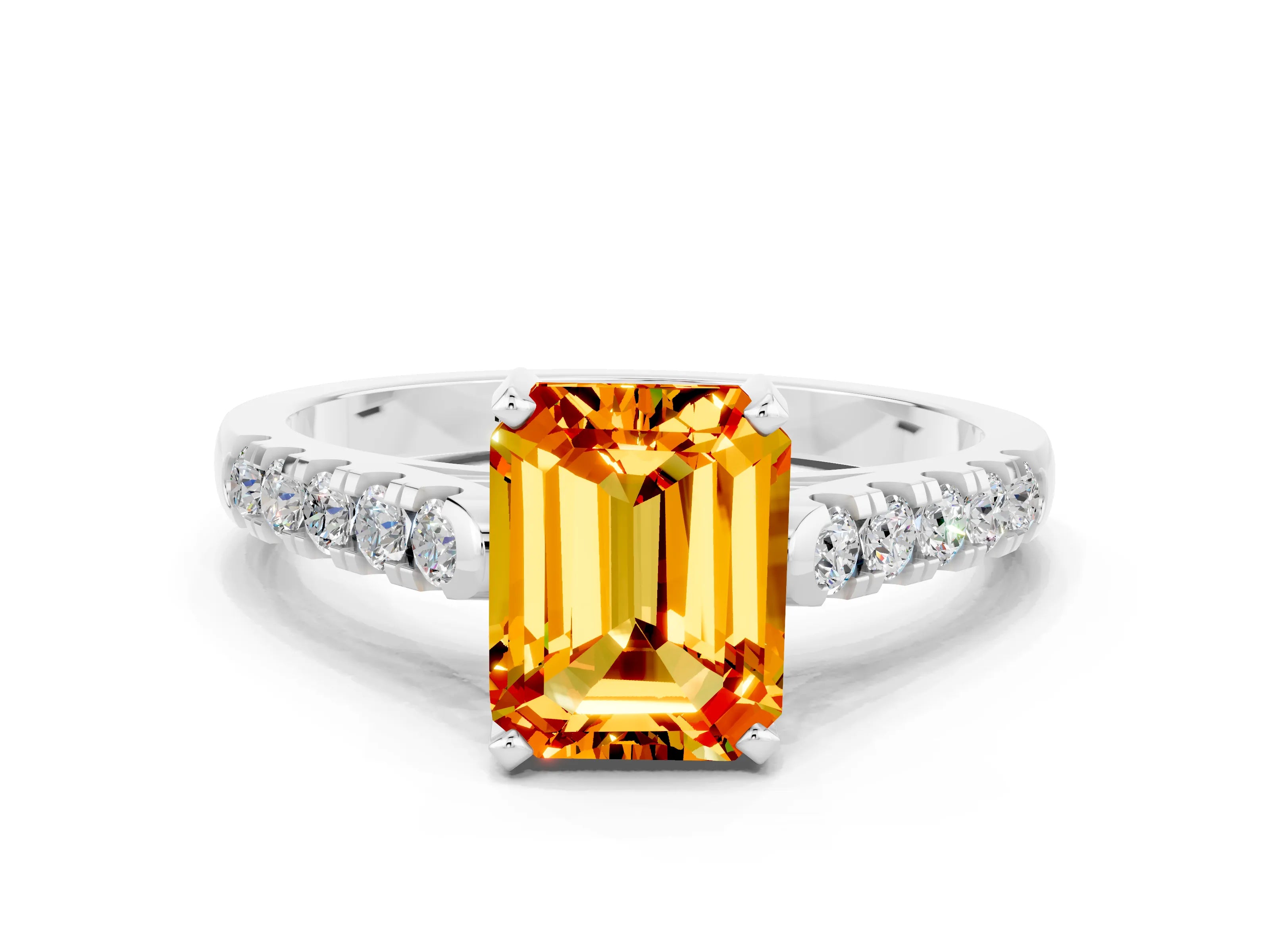 White gold {shape_name} Citrine Solitaire Ring with Pavé Band and Four-Prong Setting