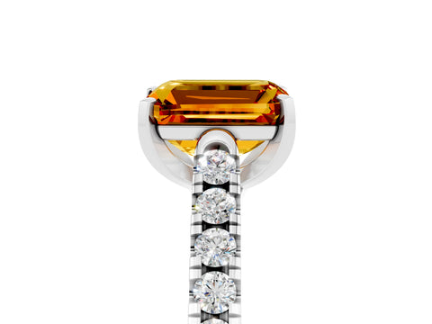 White gold {shape_name} Citrine Solitaire Ring with Pavé Band and Four-Prong Setting_5