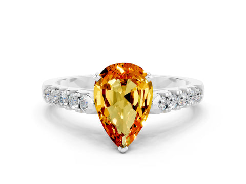 White gold {shape_name} Citrine Solitaire Ring with Pavé Band and Four-Prong Setting