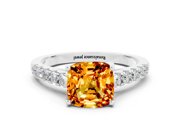 Platinum Cushion Cut Citrine Pavé Band Solitaire Ring with Prong Setting