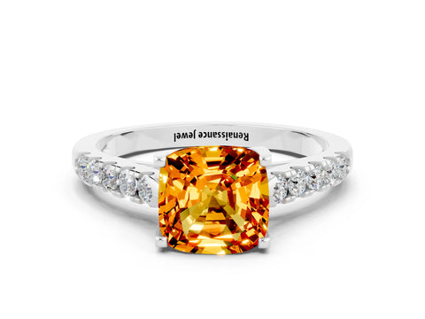 White gold {shape_name} Citrine Solitaire Ring with Pavé Band and Four-Prong Setting