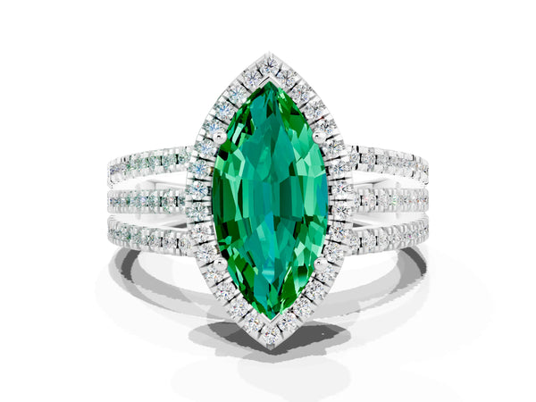 Platinum Marquise Cut Emerald Halo Engagement Ring with Split Shank and Four-Prong Setting