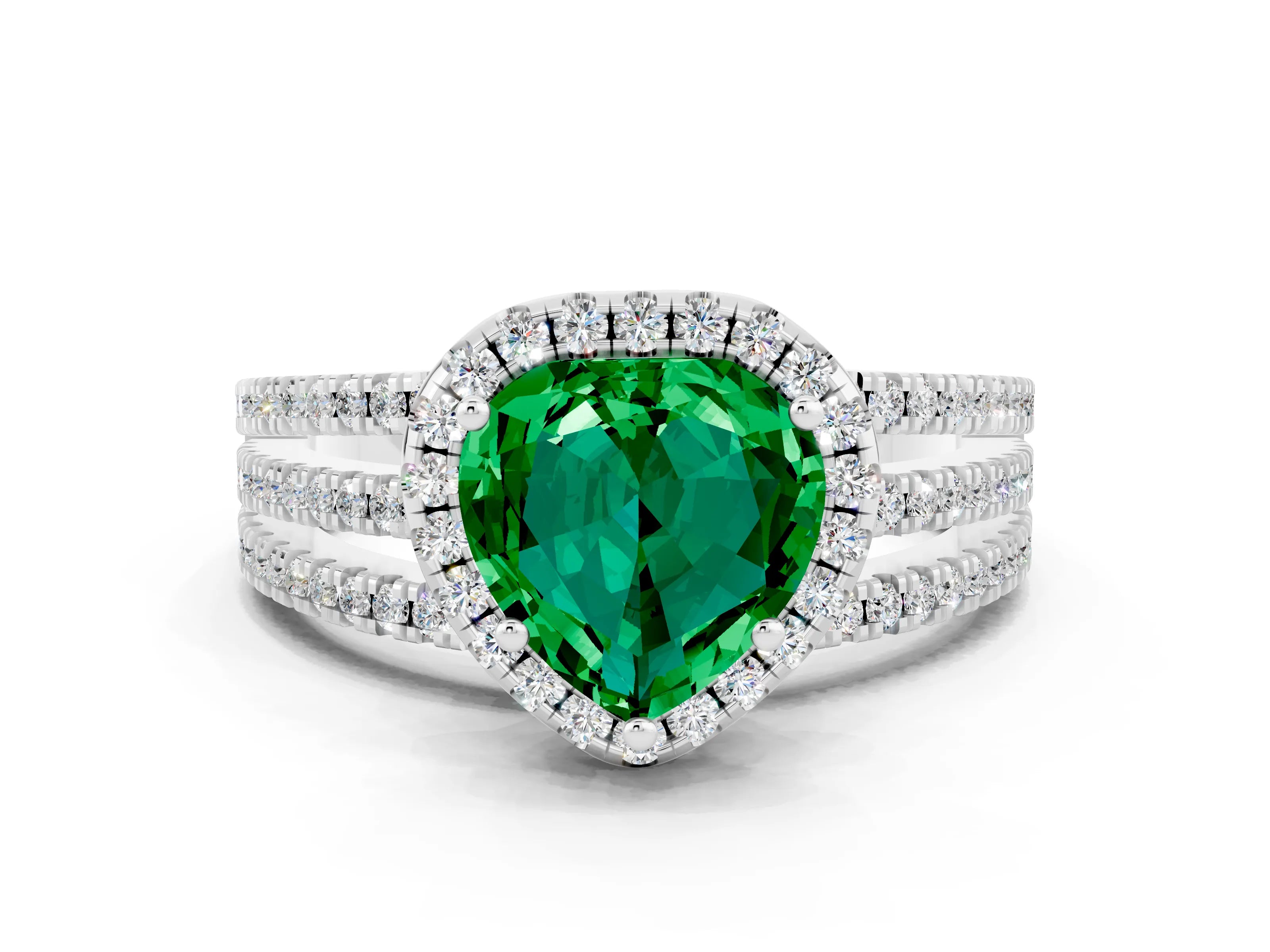 White gold {shape_name} Emerald Halo Engagement Ring with Split Shank and Four-Prong Setting_12