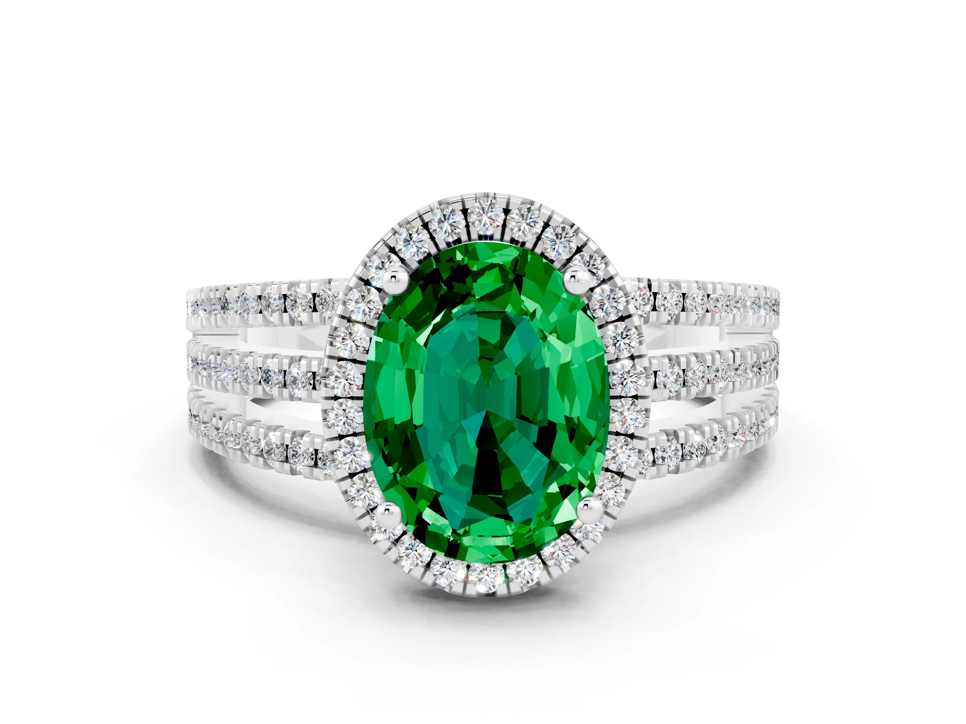 White gold {shape_name} Emerald Halo Engagement Ring with Split Shank and Four-Prong Setting_12