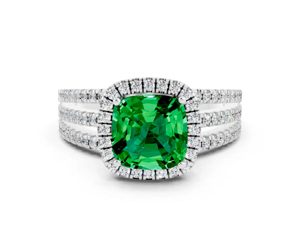White gold Cushion Cut Emerald Halo Engagement Ring with Split Shank and Four-Prong Setting