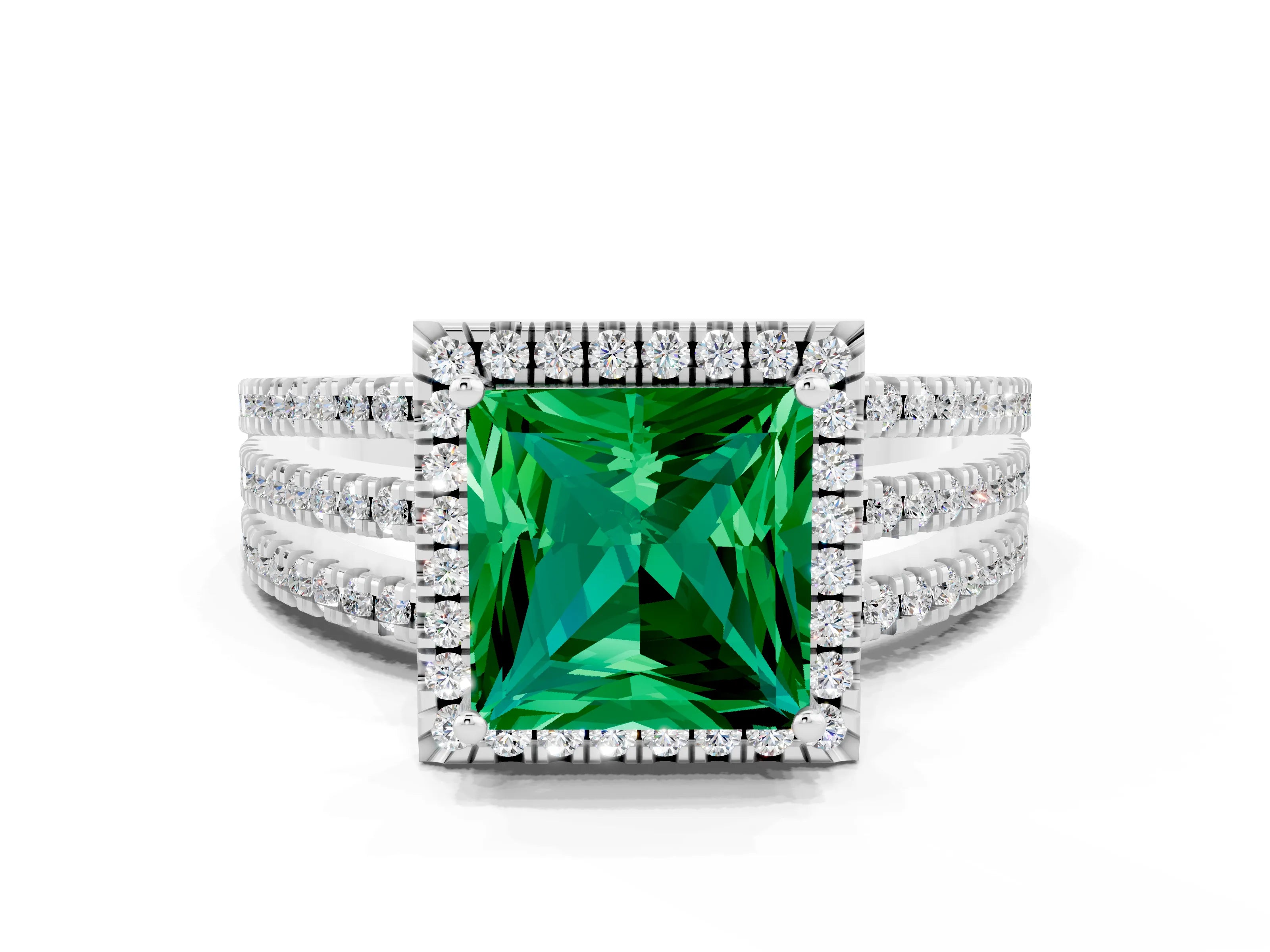 White gold {shape_name} Emerald Halo Engagement Ring with Split Shank and Four-Prong Setting_12