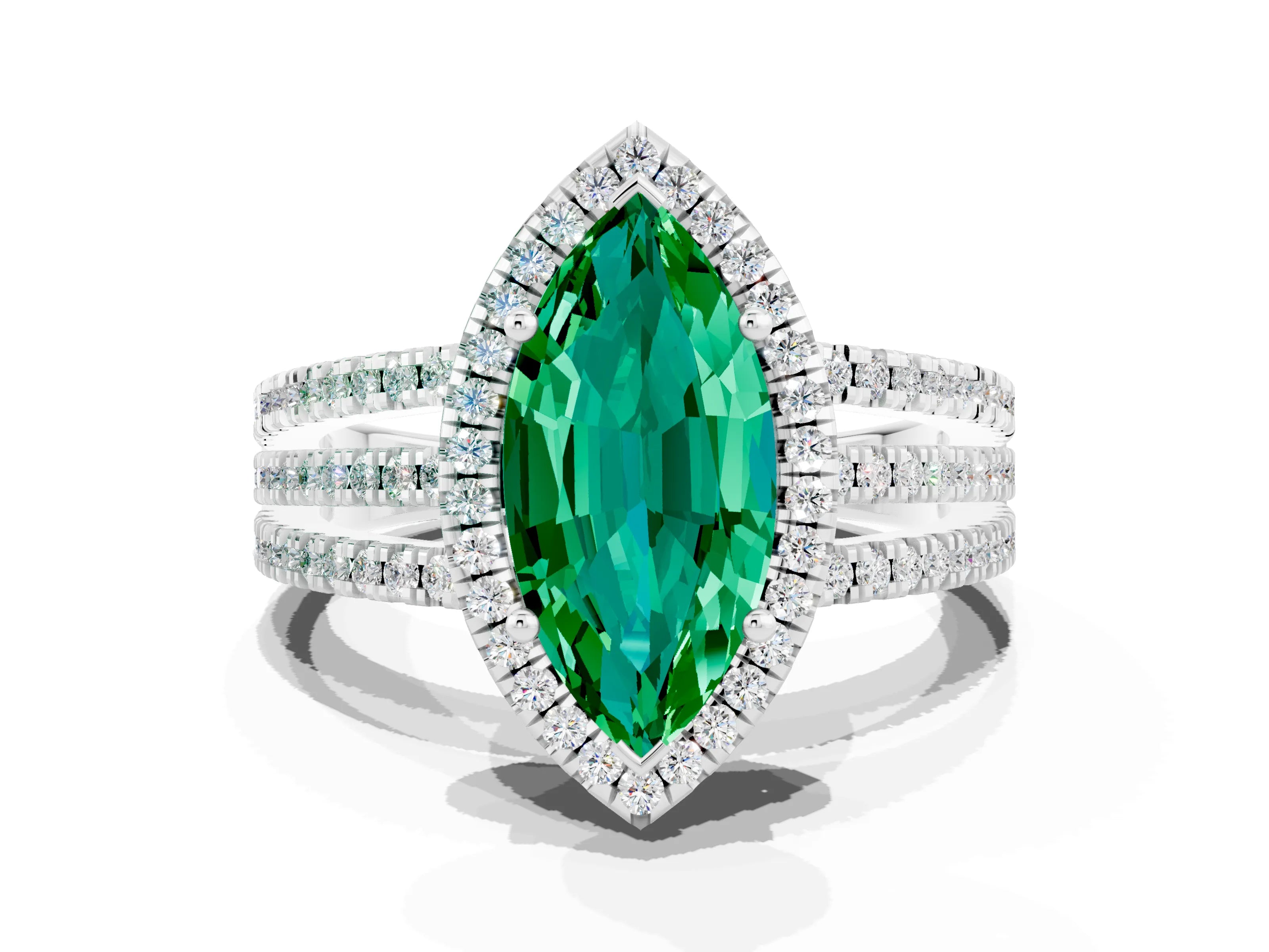 White gold {shape_name} Emerald Halo Engagement Ring with Split Shank and Four-Prong Setting_12