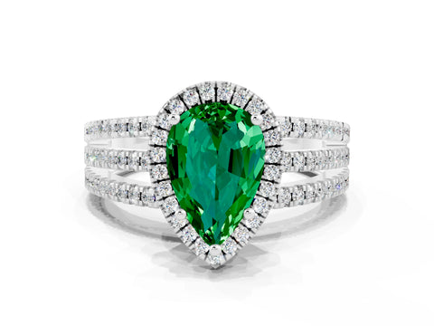 White gold {shape_name} Emerald Halo Engagement Ring with Split Shank and Four-Prong Setting_12