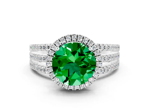 White gold {shape_name} Emerald Halo Engagement Ring with Split Shank and Four-Prong Setting_12