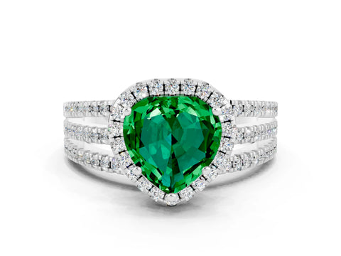 White gold {shape_name} Emerald Halo Engagement Ring with Split Shank and Four-Prong Setting_12