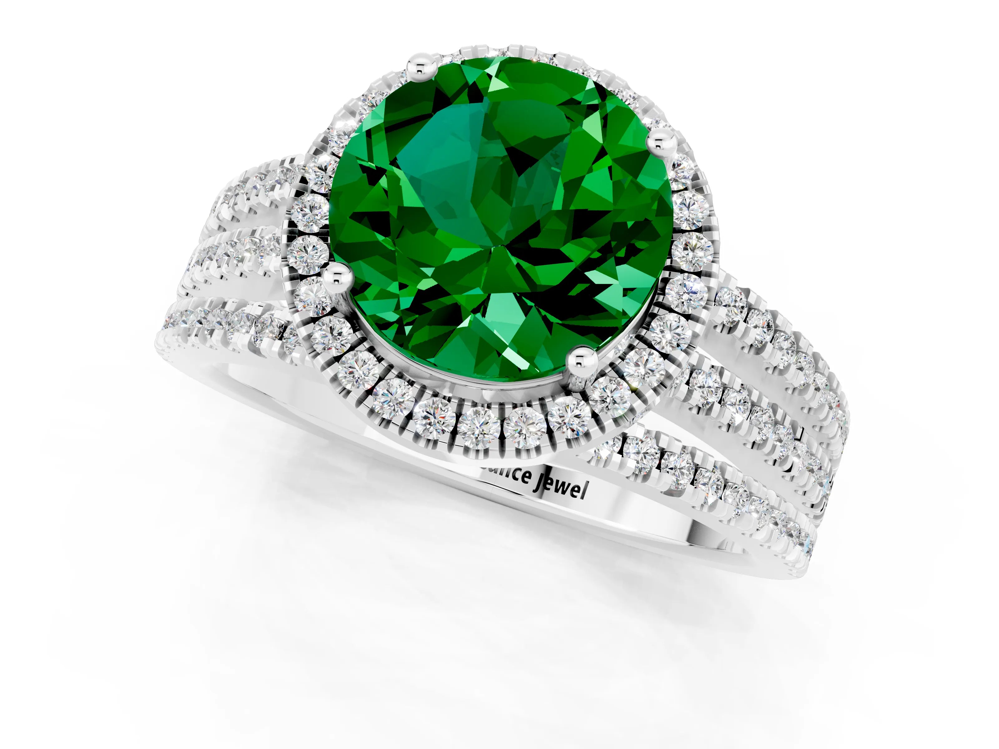 White gold {shape_name} Emerald Halo Engagement Ring with Split Shank and Four-Prong Setting_13