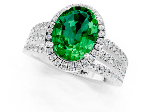 White gold {shape_name} Emerald Halo Engagement Ring with Split Shank and Four-Prong Setting_13