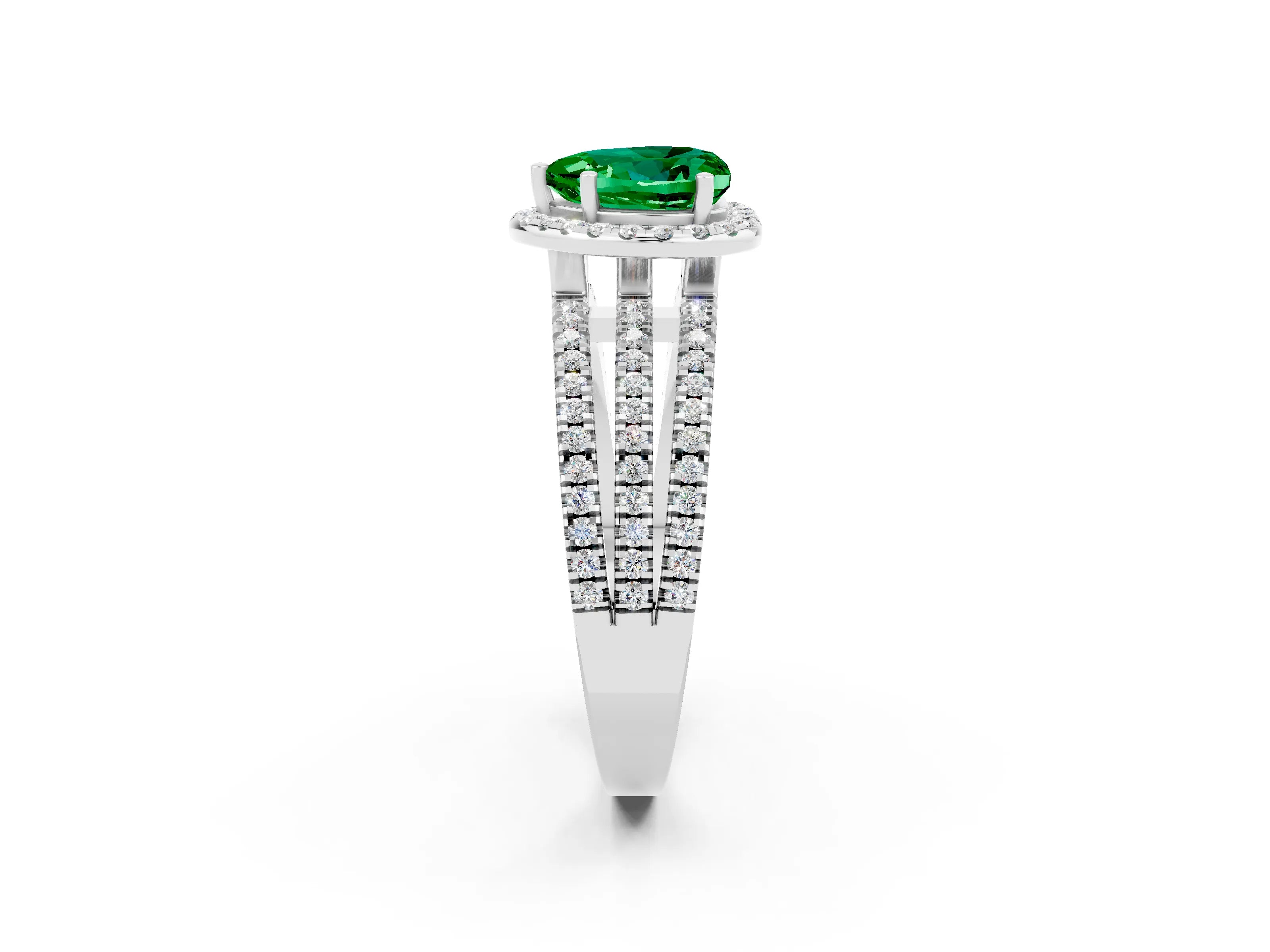 White gold {shape_name} Emerald Halo Engagement Ring with Split Shank and Four-Prong Setting_14