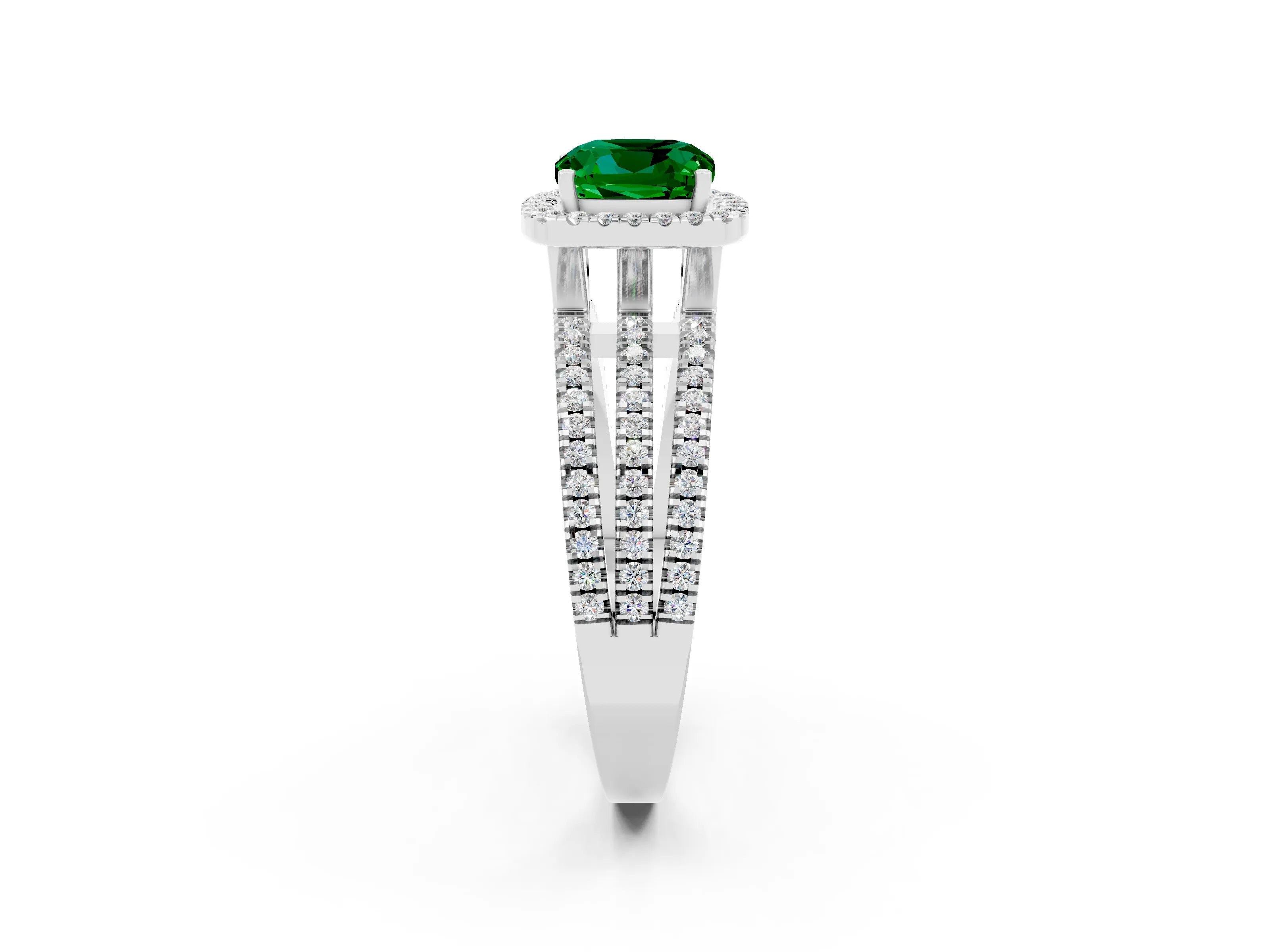 White gold {shape_name} Emerald Halo Engagement Ring with Split Shank and Four-Prong Setting_14