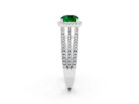 White gold {shape_name} Emerald Halo Engagement Ring with Split Shank and Four-Prong Setting_14
