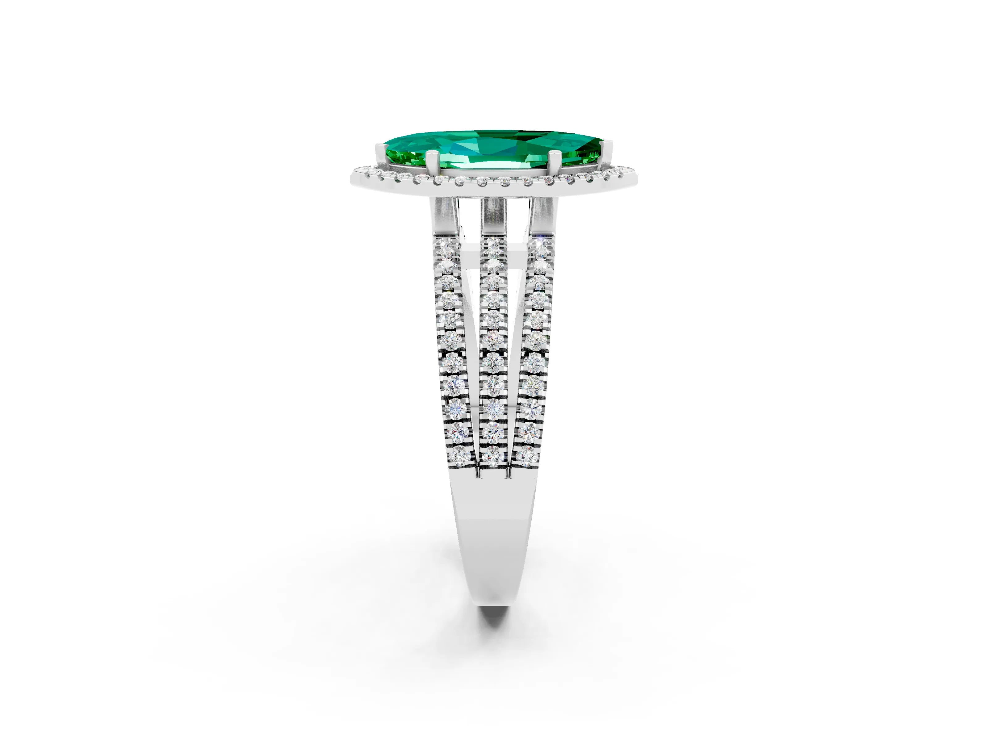 White gold {shape_name} Emerald Halo Engagement Ring with Split Shank and Four-Prong Setting_14