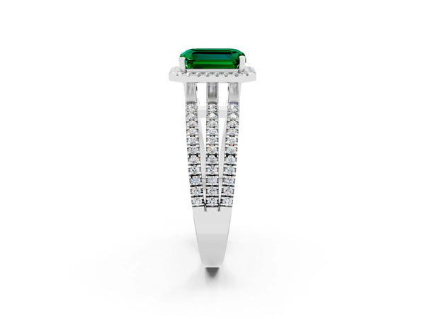 White gold Emerald Cut Emerald Halo Engagement Ring with Split Shank and Four-Prong Setting