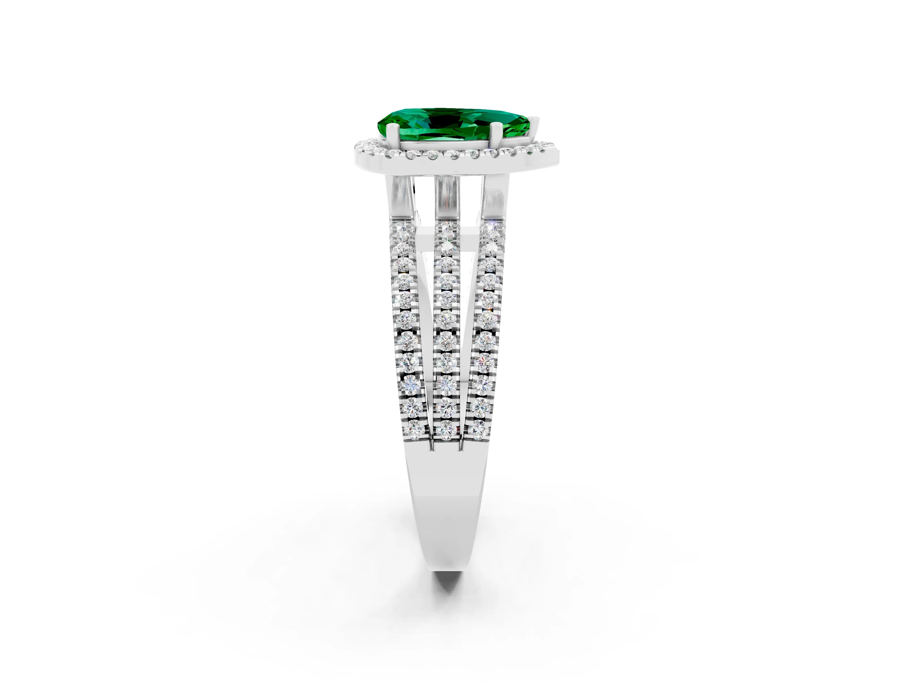 White gold {shape_name} Emerald Halo Engagement Ring with Split Shank and Four-Prong Setting_14
