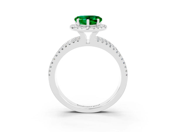 White gold Heart Cut Emerald Halo Engagement Ring with Split Shank and Four-Prong Setting