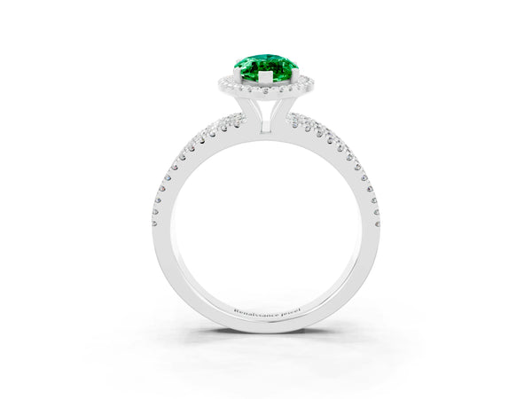 White gold Marquise Cut Emerald Halo Engagement Ring with Split Shank and Four-Prong Setting
