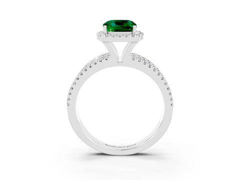 White gold {shape_name} Emerald Halo Engagement Ring with Split Shank and Four-Prong Setting_15