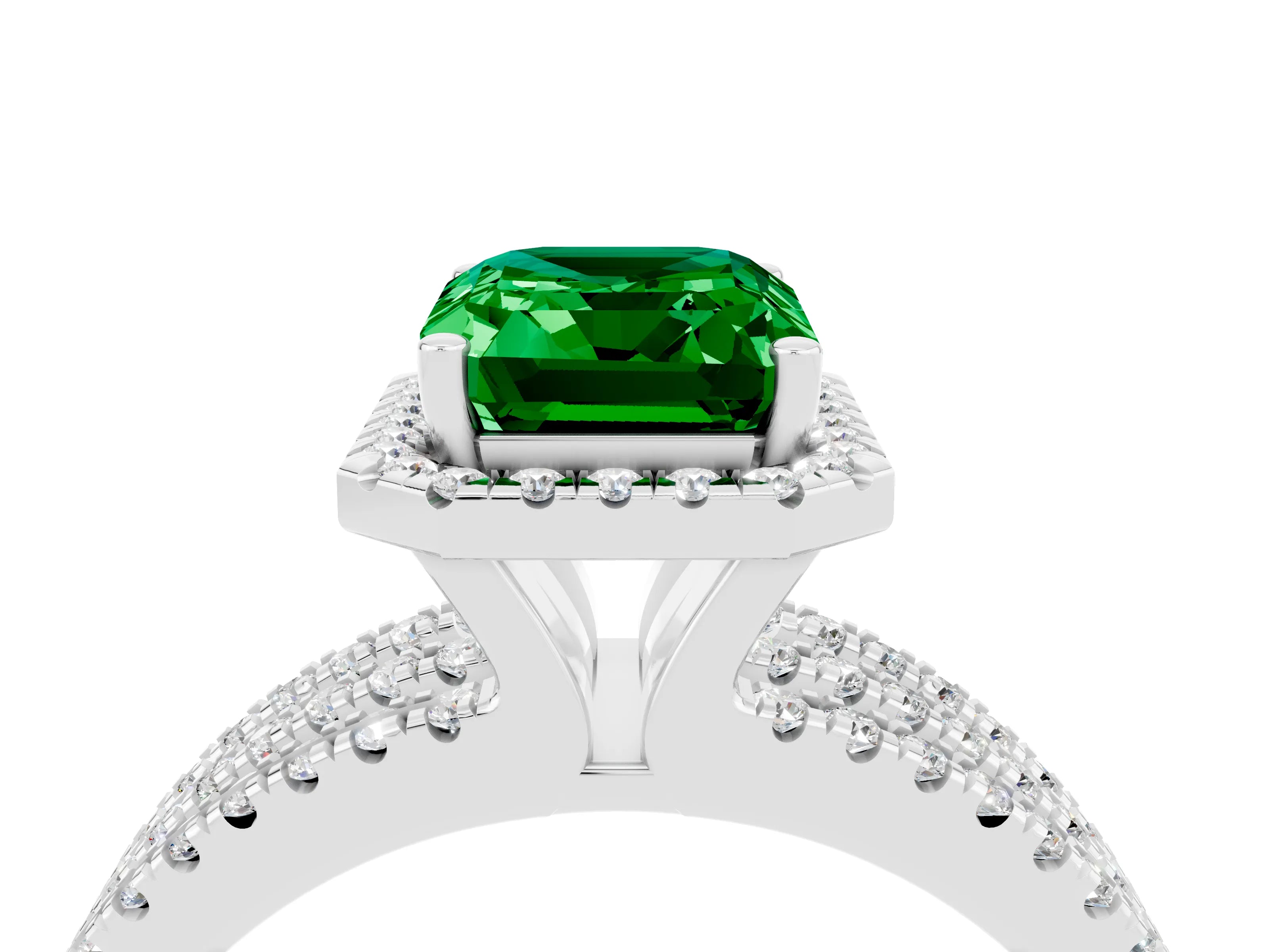 White gold {shape_name} Emerald Halo Engagement Ring with Split Shank and Four-Prong Setting_16