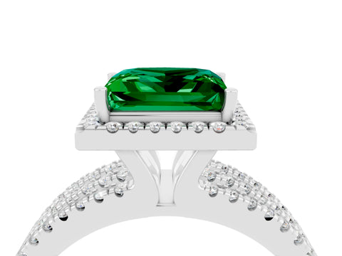 White gold {shape_name} Emerald Halo Engagement Ring with Split Shank and Four-Prong Setting_16