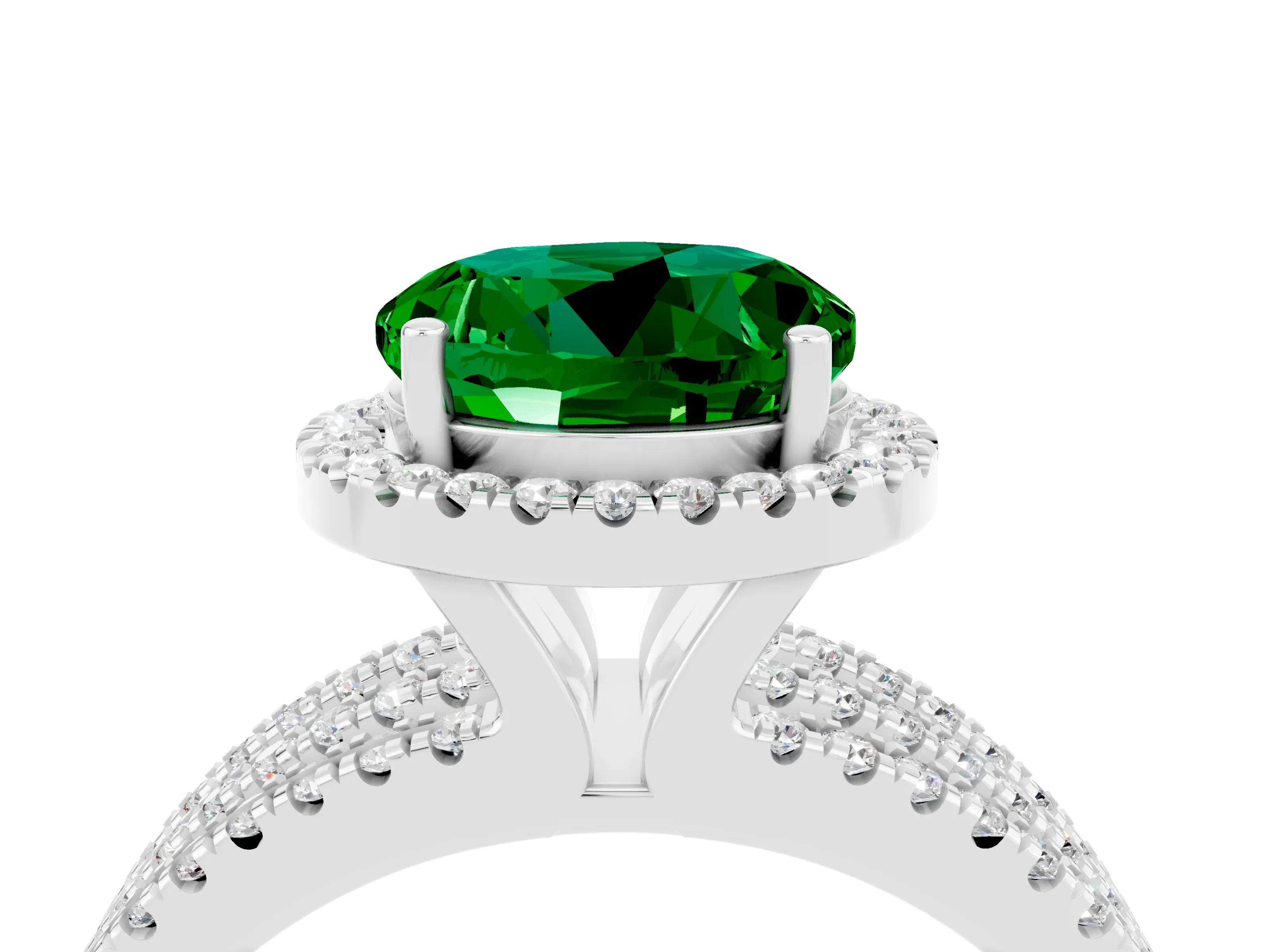 White gold {shape_name} Emerald Halo Engagement Ring with Split Shank and Four-Prong Setting_16