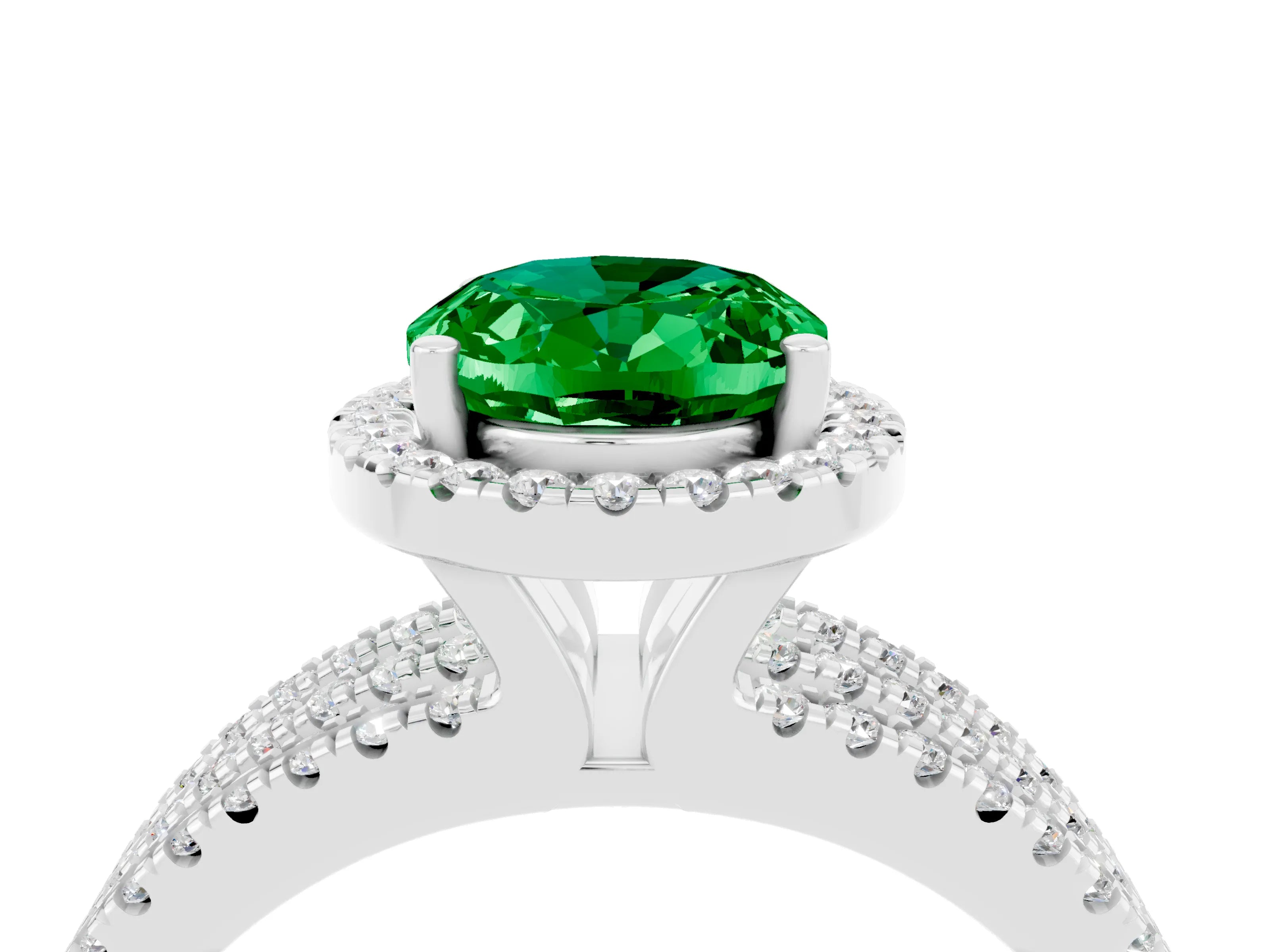 White gold {shape_name} Emerald Halo Engagement Ring with Split Shank and Four-Prong Setting_16