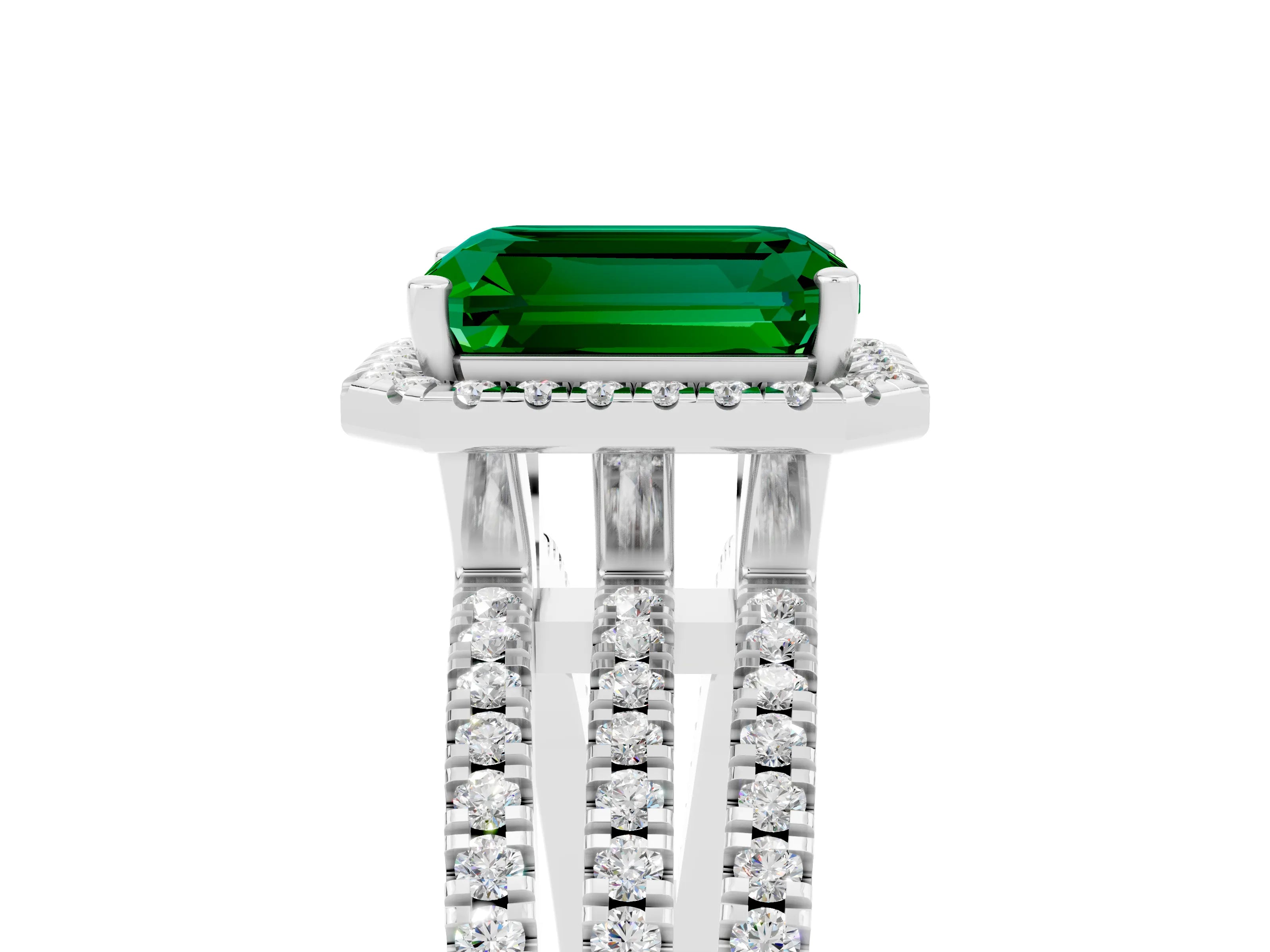 White gold {shape_name} Emerald Halo Engagement Ring with Split Shank and Four-Prong Setting_17