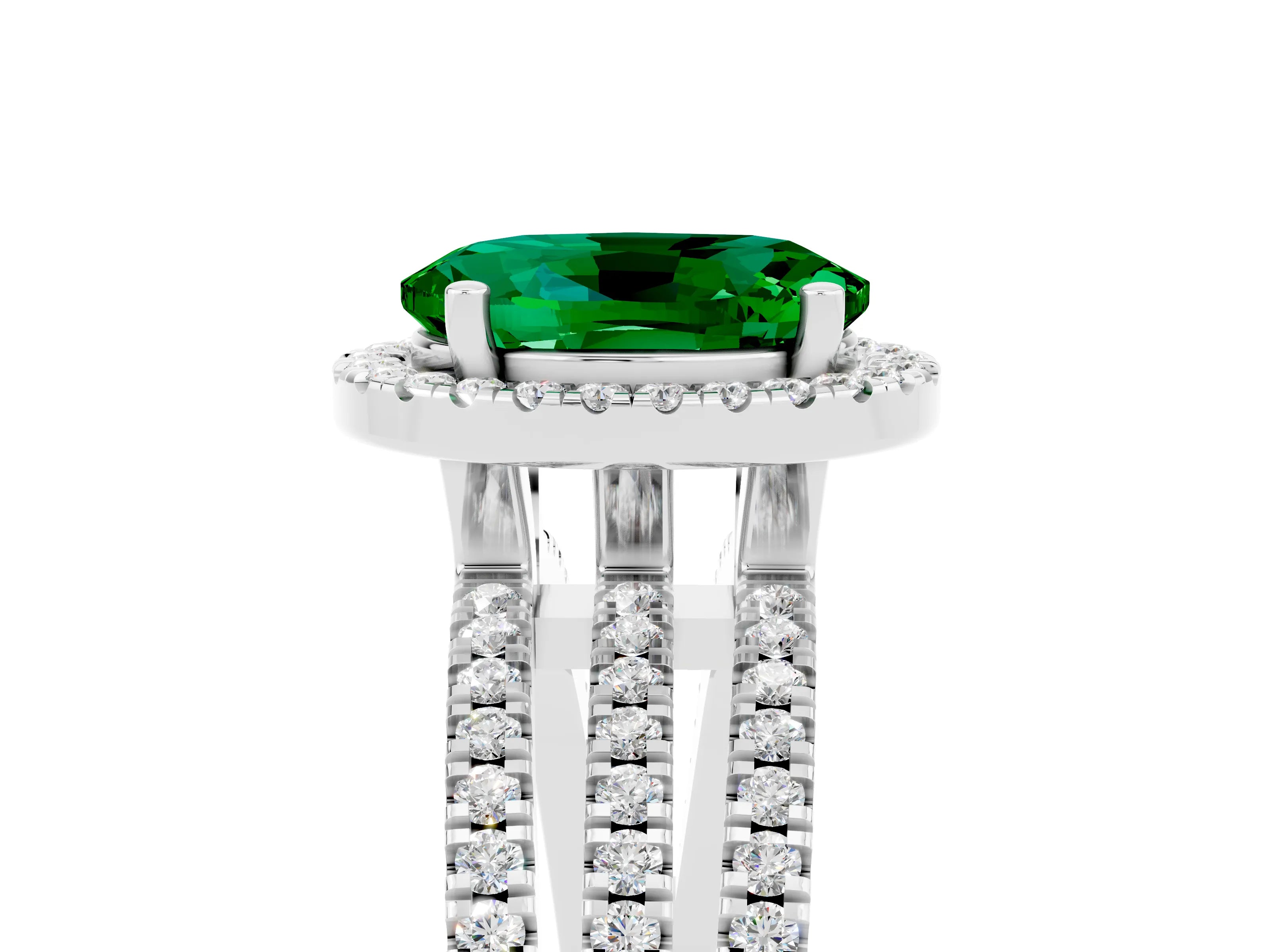 White gold {shape_name} Emerald Halo Engagement Ring with Split Shank and Four-Prong Setting_17