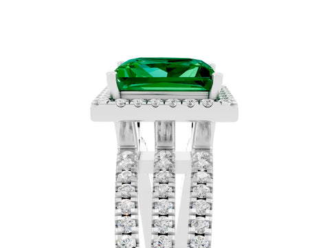 White gold {shape_name} Emerald Halo Engagement Ring with Split Shank and Four-Prong Setting_17