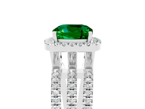 White gold {shape_name} Emerald Halo Engagement Ring with Split Shank and Four-Prong Setting_17