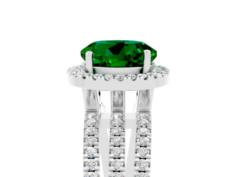 White gold {shape_name} Emerald Halo Engagement Ring with Split Shank and Four-Prong Setting_17