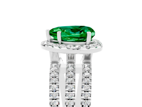 White gold {shape_name} Emerald Halo Engagement Ring with Split Shank and Four-Prong Setting_17